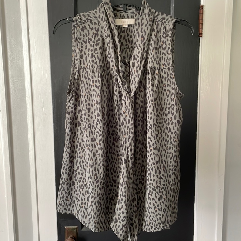Loft tie neck animal print tank/button up blouse